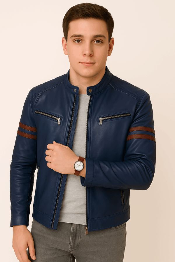 Men’s Premium Navy Blue Sports Leather Jacket