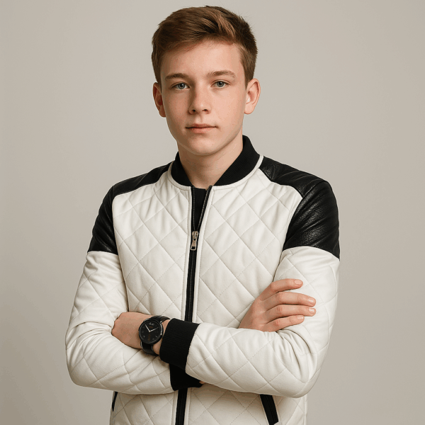 Men’s Bold Black and White Leather Bomber Jacket