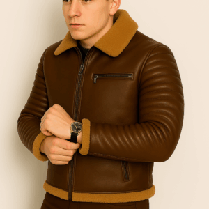 Men’s Classic Brown Leather Rider Jacket with Fur