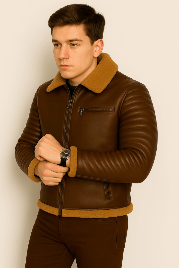 Men’s Classic Brown Leather Rider Jacket with Fur