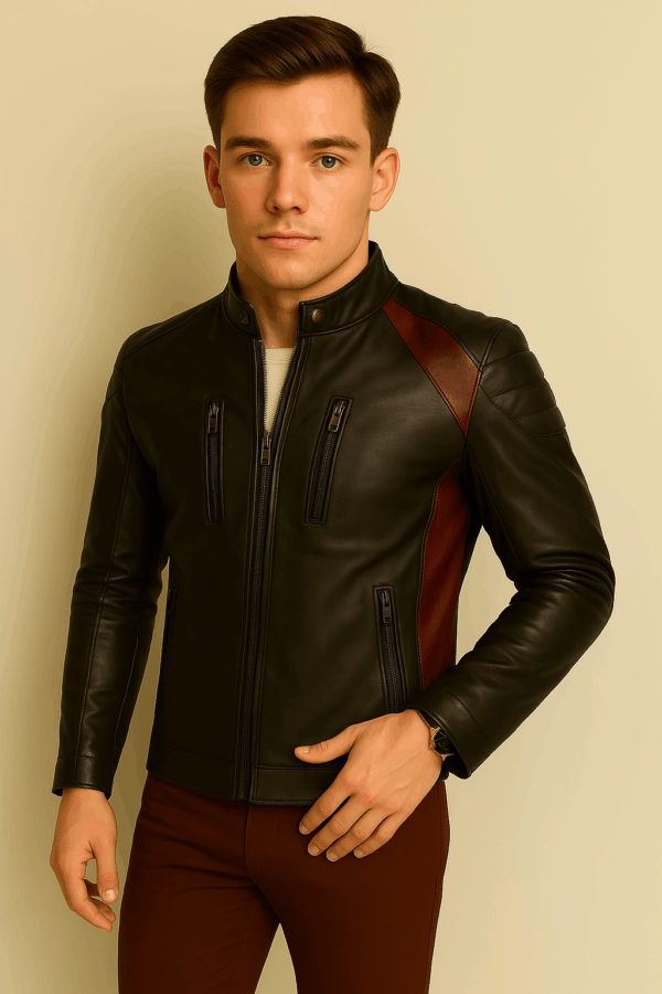 Men's Stylish Brown and Red Stripe Leather Jacket