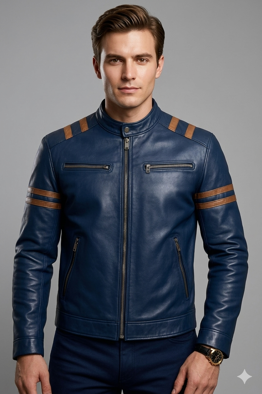 Men’s Premium Navy Blue Sports Leather Jacket
