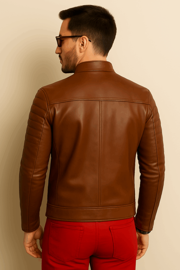 Men’s Brown Leather Café Racer Jacket - Image 6