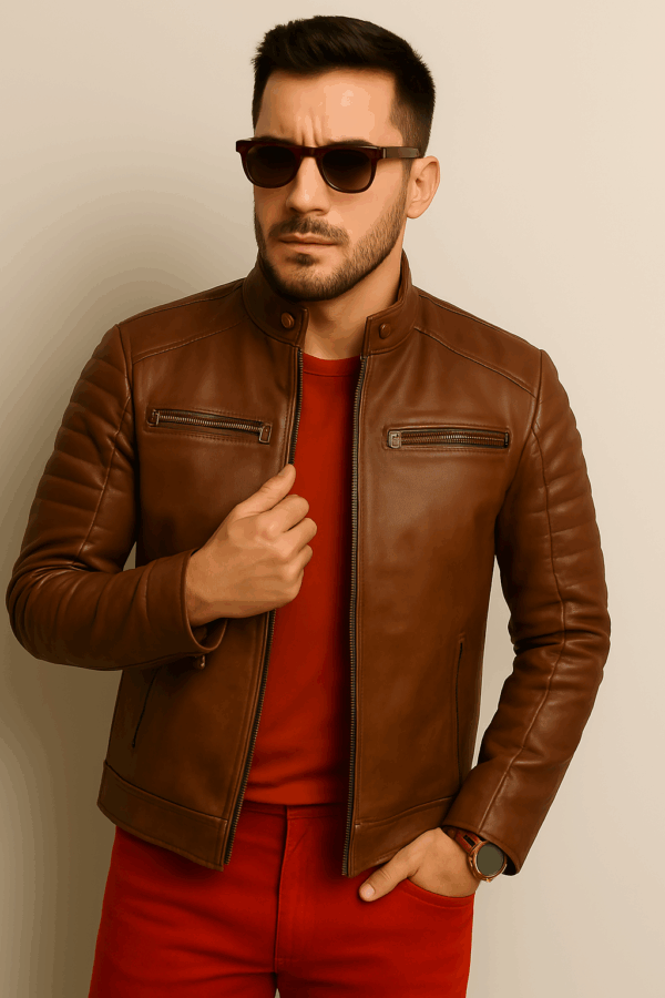 Men’s Brown Leather Café Racer Jacket - Image 2