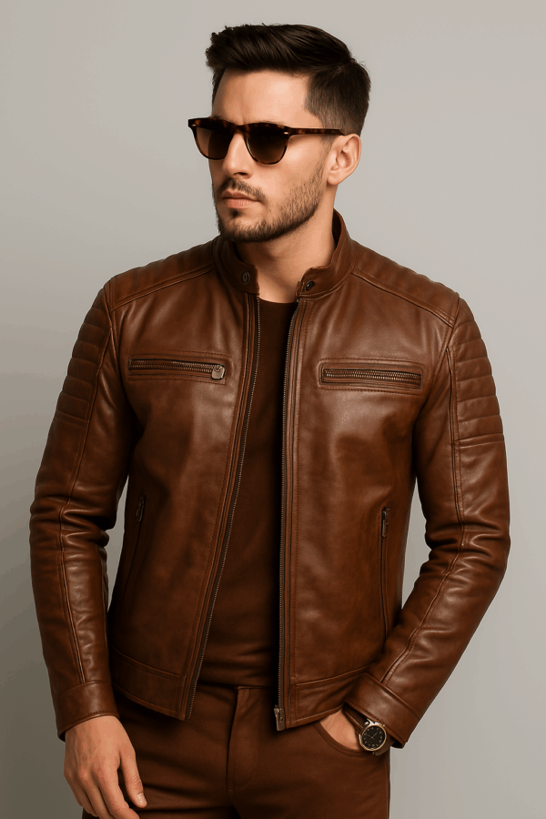 Men’s Brown Leather Café Racer Jacket - Image 3