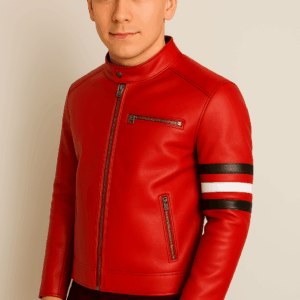 Classic Red Leather Biker Jacket with Padded Shoulders for Men