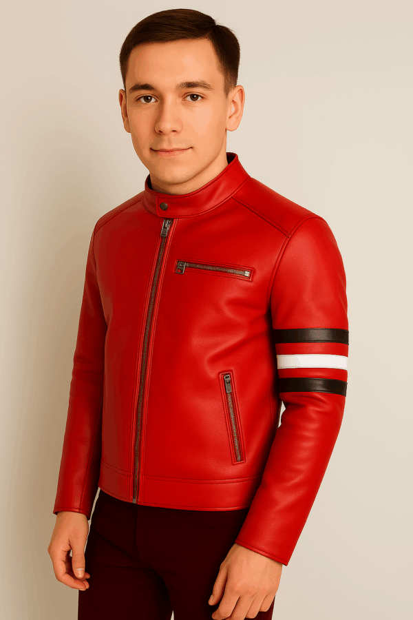 Classic Red Leather Biker Jacket with Padded Shoulders for Men
