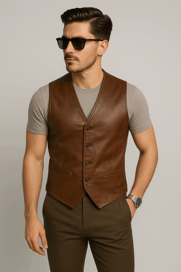 New Classic Brown Leather Vest - Image 4