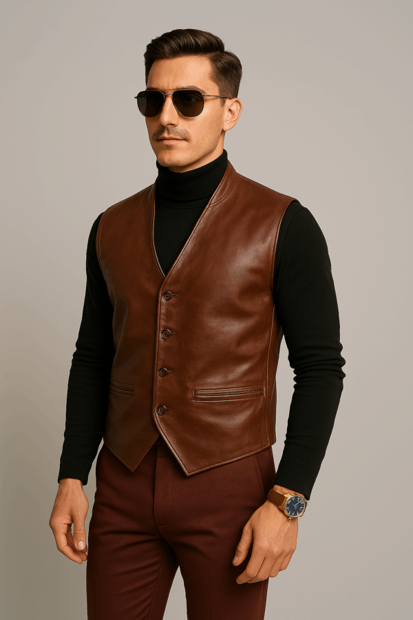 New Classic Brown Leather Vest - Image 3