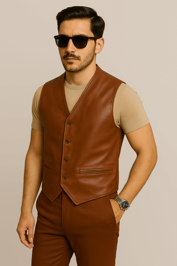 New Classic Brown Leather Vest - Image 2