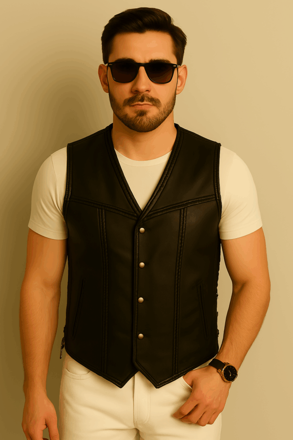 Classic Black Genuine Leather Vest for Men - Image 4