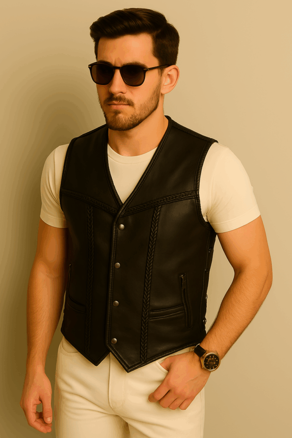 Classic Black Genuine Leather Vest for Men - Image 2