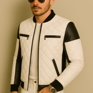 Men’s Bold Black and White Leather Bomber Jacket