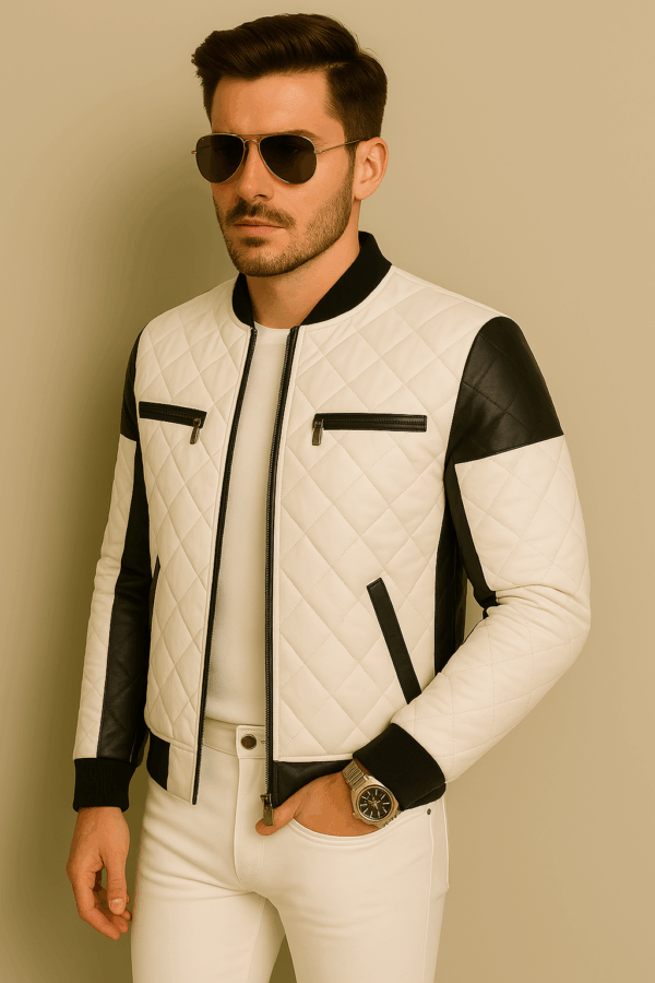 Men’s Bold Black and White Leather Bomber Jacket