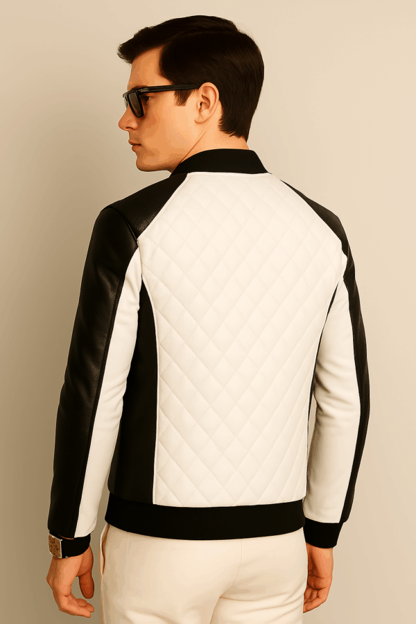 Men’s Bold Black and White Leather Bomber Jacket - Image 4