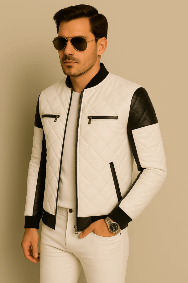 Men’s Bold Black and White Leather Bomber Jacket - Image 3