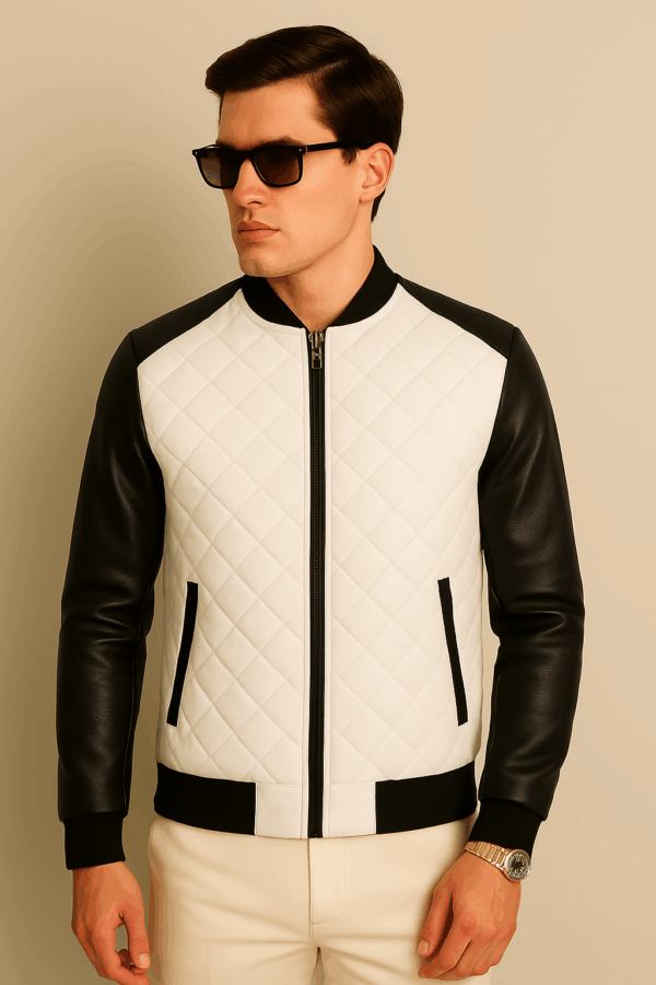 Men’s Bold Black and White Leather Bomber Jacket - Image 2