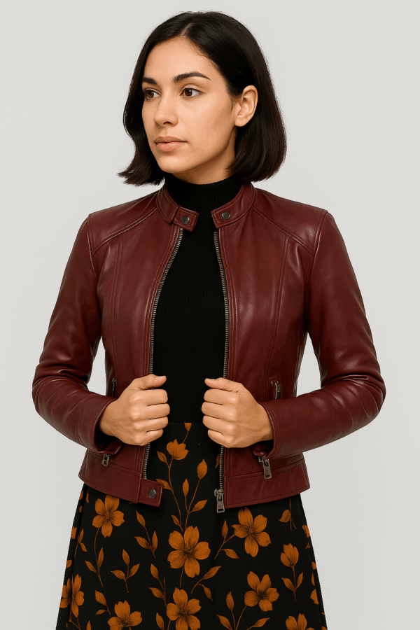 Classic Brown Cafe Racer Leather Jacket - Image 2