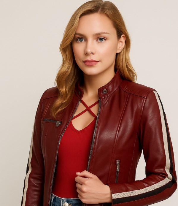 New Maroon Stripe Leather Jacket for Women