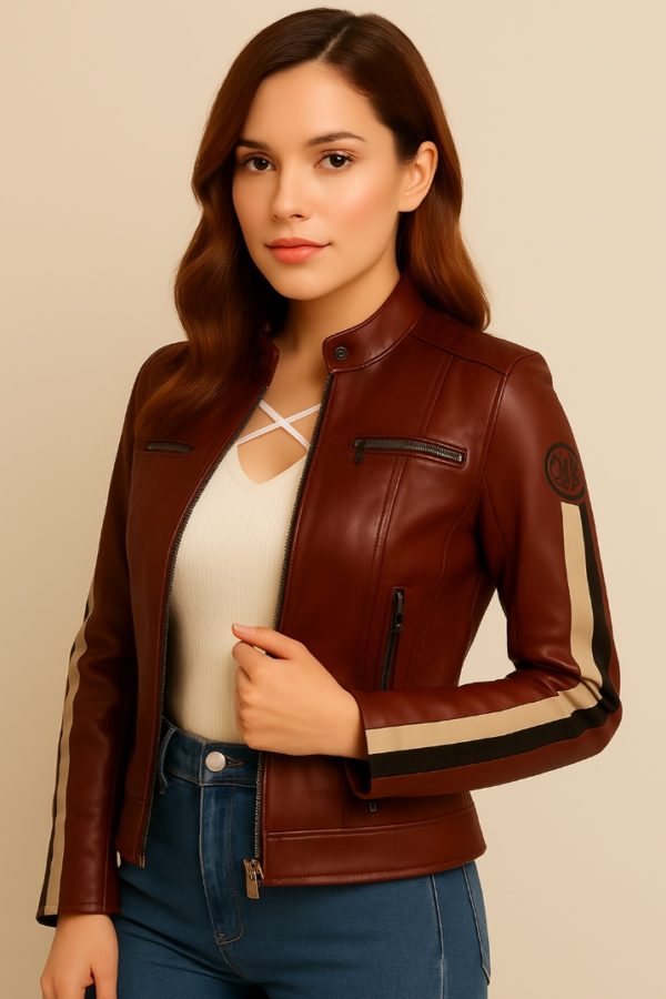 New Maroon Stripe Leather Jacket for Women - Image 8