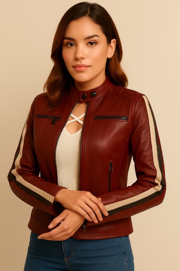 New Maroon Stripe Leather Jacket for Women - Image 9