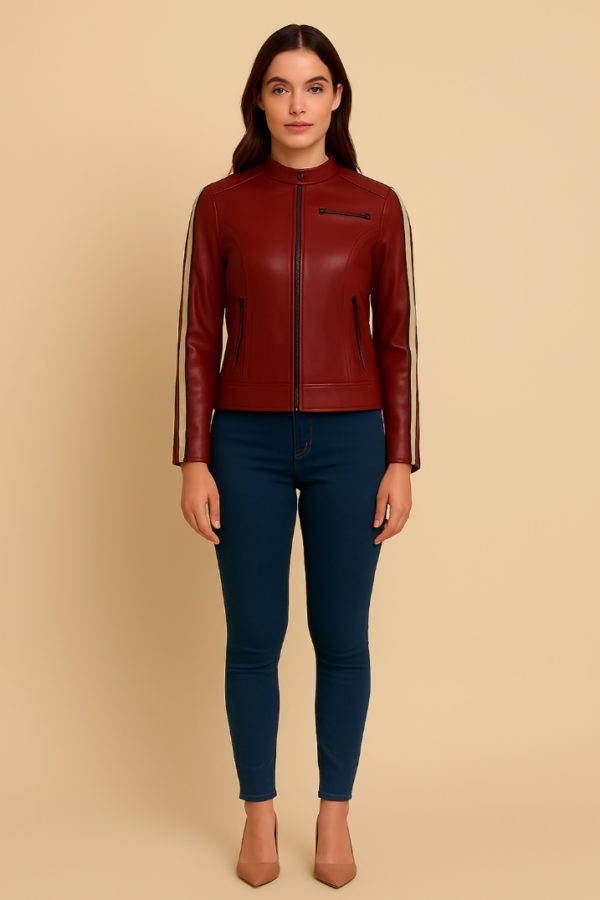 New Maroon Stripe Leather Jacket for Women - Image 7