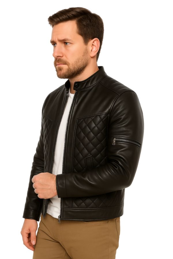 Men’s Black Quilted Leather Jacket – Modern & Stylish - Image 3