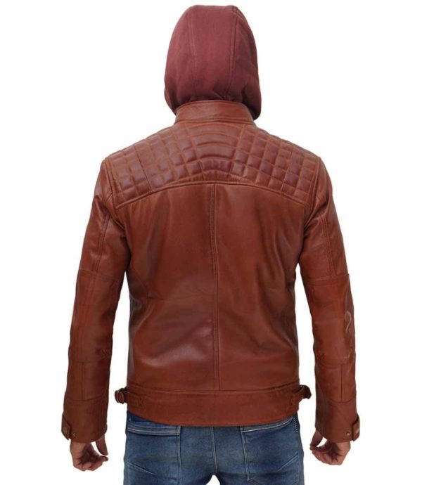 NEW Men Quilted Tan Leather Jacket with Removable Hood - Image 4