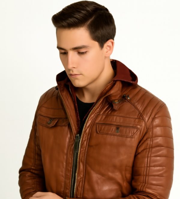 NEW Men Quilted Tan Leather Jacket with Removable Hood