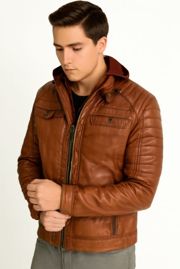 NEW Men Quilted Tan Leather Jacket with Removable Hood - Image 3