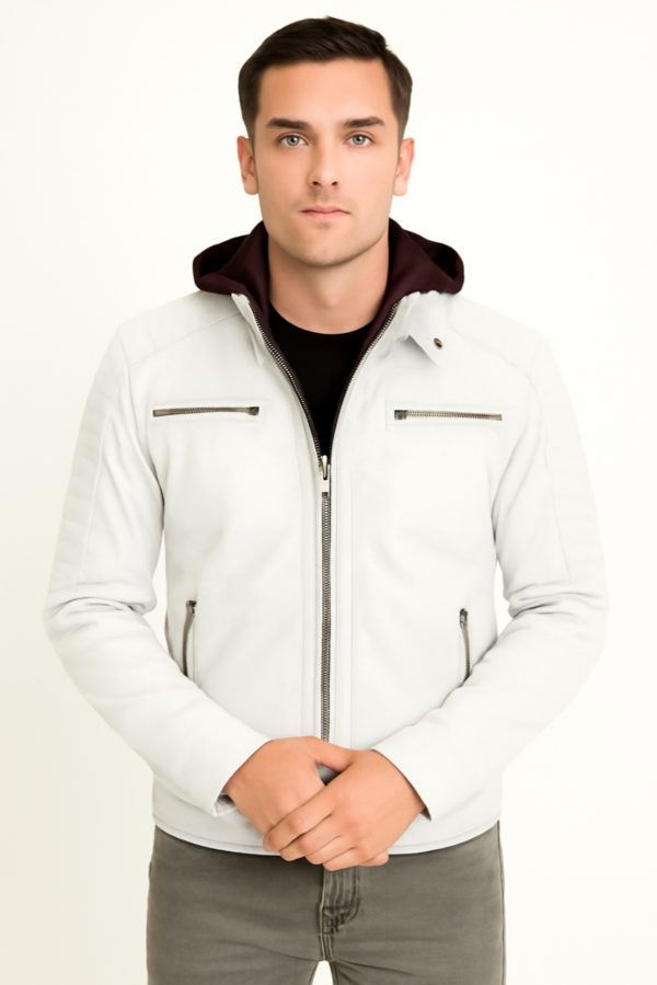 NEW Men Quilted Tan Leather Jacket with Removable Hood - Image 13