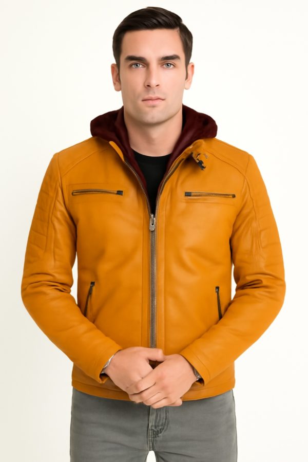 NEW Men Quilted Tan Leather Jacket with Removable Hood - Image 14