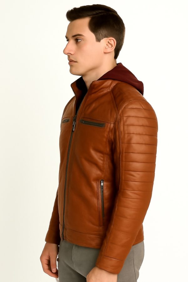 NEW Men Quilted Tan Leather Jacket with Removable Hood - Image 5