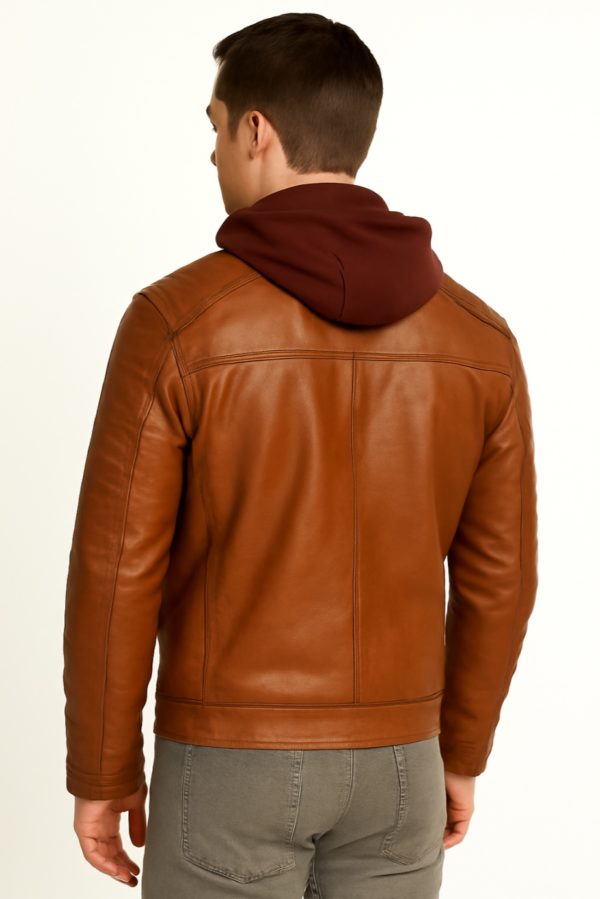 NEW Men Quilted Tan Leather Jacket with Removable Hood - Image 6