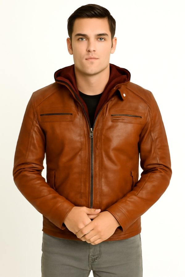 NEW Men Quilted Tan Leather Jacket with Removable Hood - Image 7