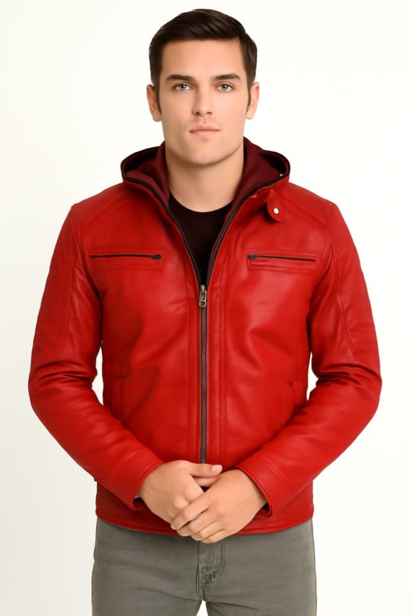 NEW Men Quilted Tan Leather Jacket with Removable Hood - Image 8