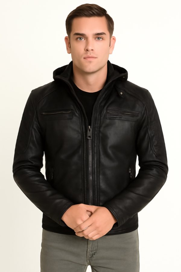 NEW Men Quilted Tan Leather Jacket with Removable Hood - Image 9