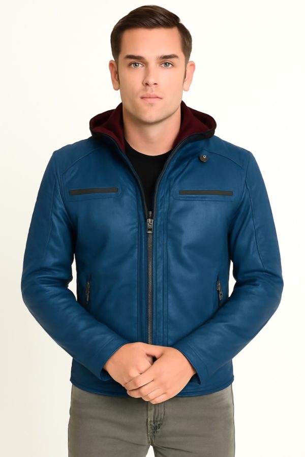 NEW Men Quilted Tan Leather Jacket with Removable Hood - Image 10