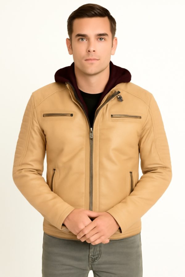 NEW Men Quilted Tan Leather Jacket with Removable Hood - Image 11