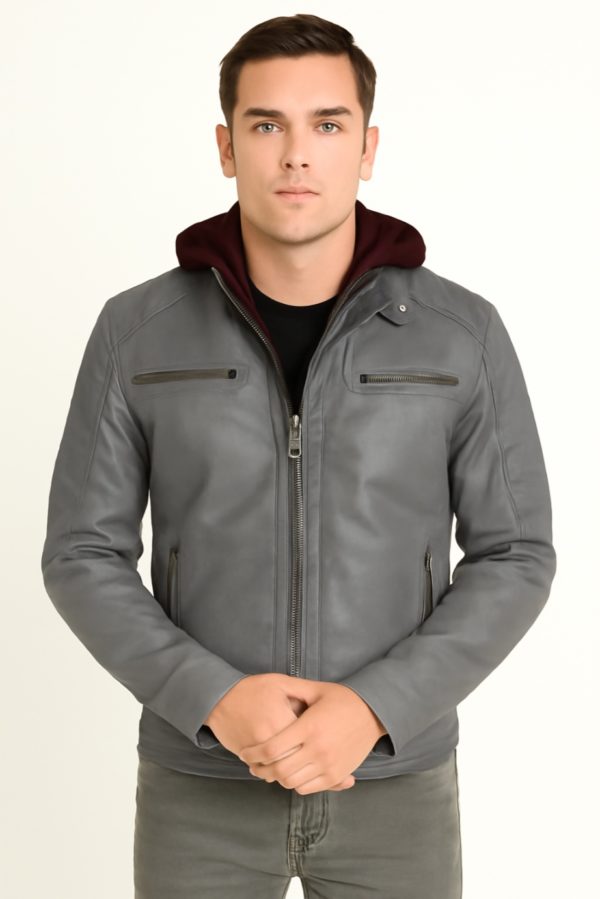 NEW Men Quilted Tan Leather Jacket with Removable Hood - Image 12