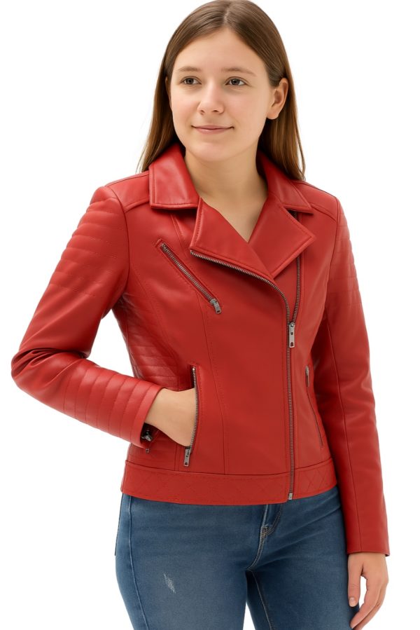 New Biker Style Women Red-Colored Leather Jacket - Image 2