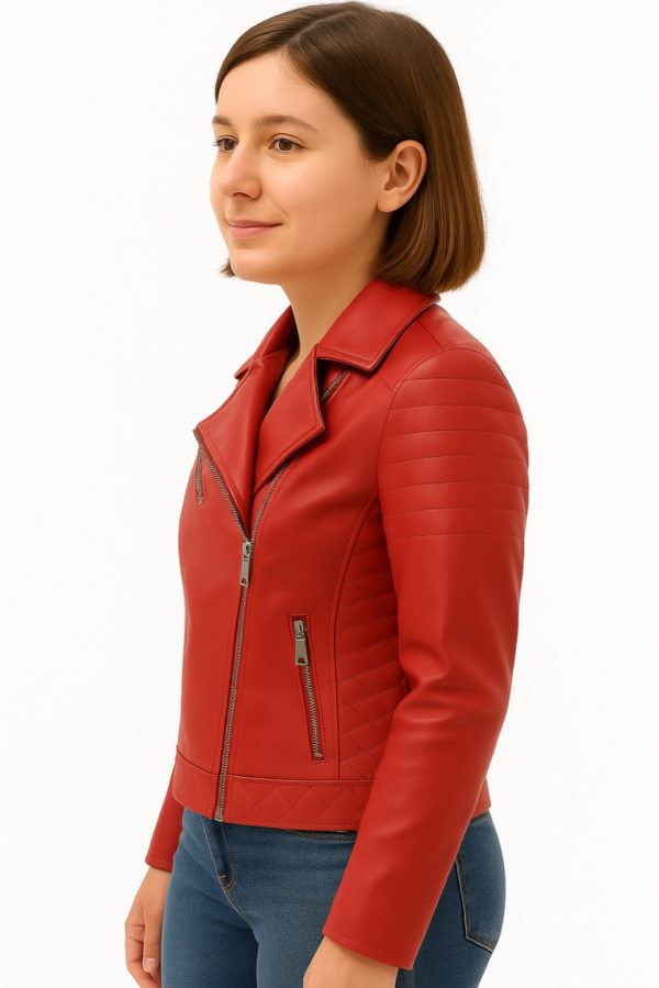 New Biker Style Women Red-Colored Leather Jacket - Image 3