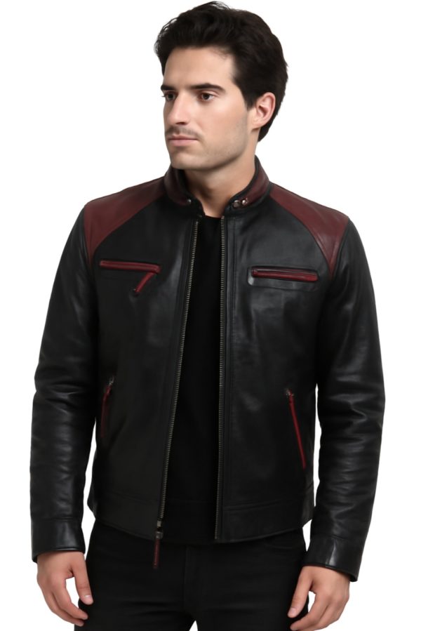 New Black and Maroon Leather Jacket for Men - Image 3