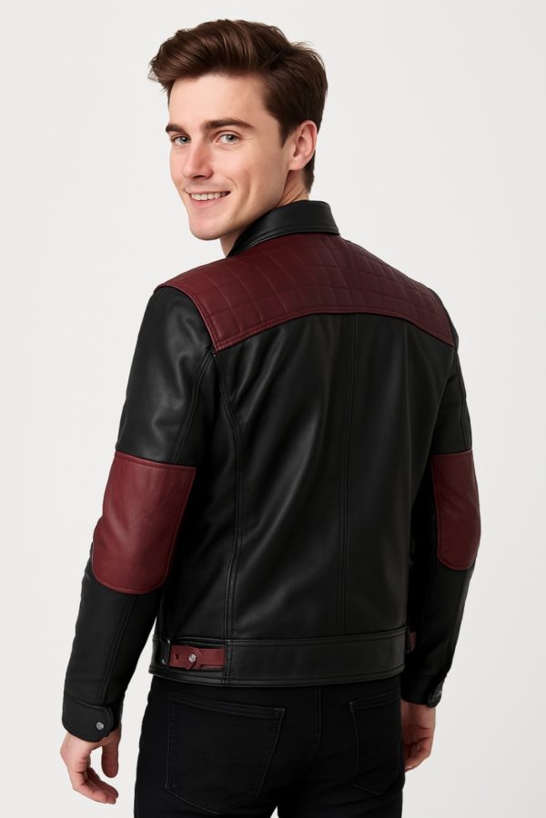 New Black and Maroon Leather Jacket for Men - Image 6