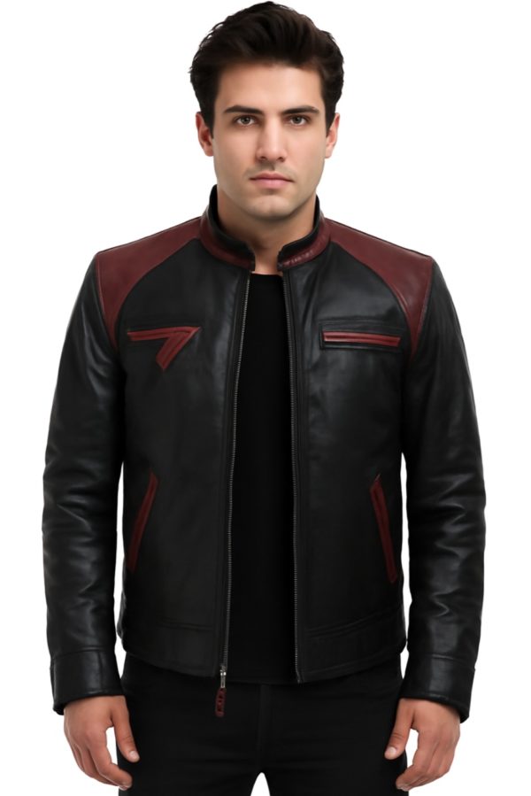 New Black and Maroon Leather Jacket for Men - Image 5