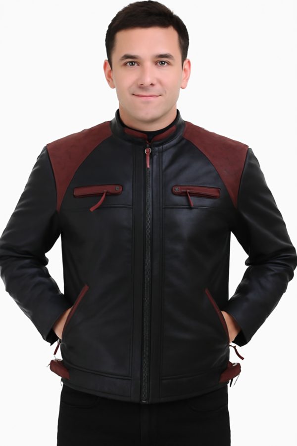 New Black and Maroon Leather Jacket for Men - Image 4