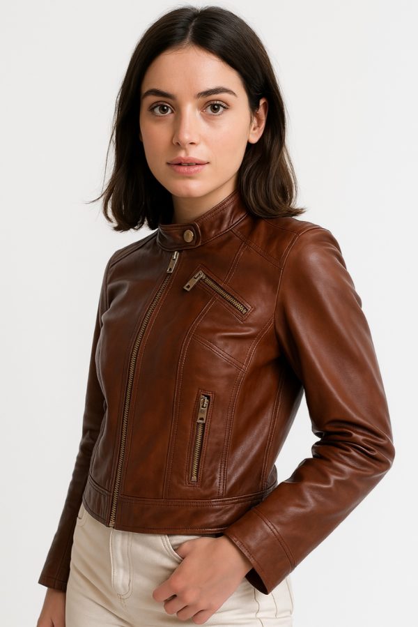 New Brown Motorcycle Leather Jacket for Women - Image 4