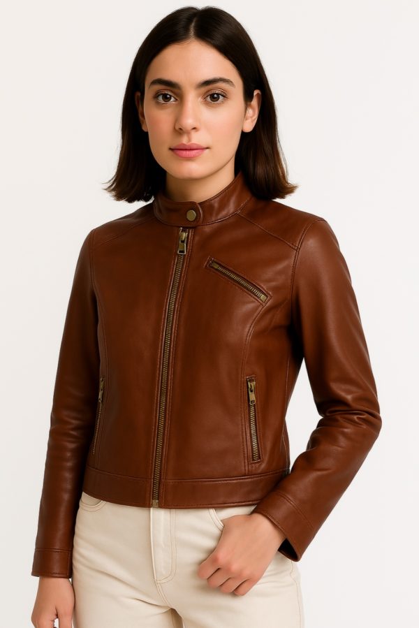 New Brown Motorcycle Leather Jacket for Women - Image 5