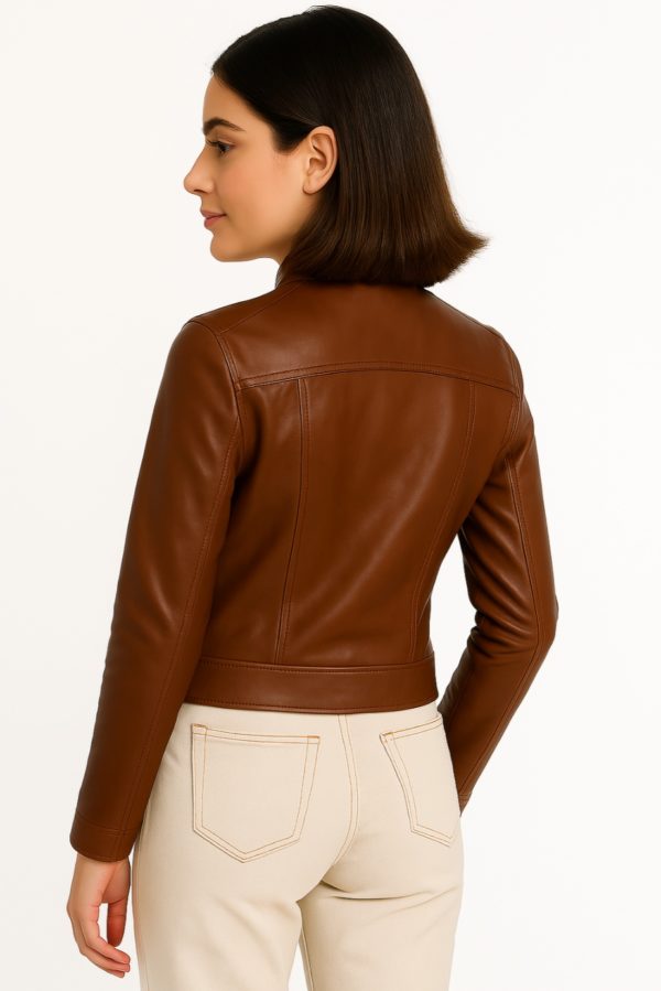 New Brown Motorcycle Leather Jacket for Women - Image 6