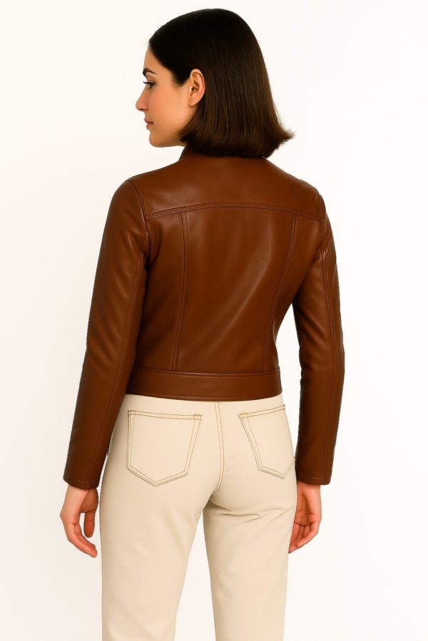 New Brown Motorcycle Leather Jacket for Women - Image 7